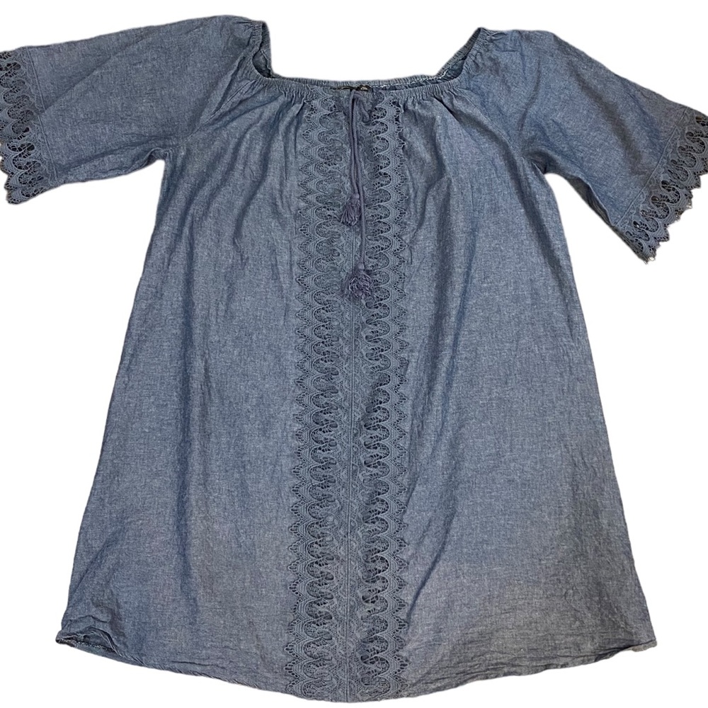 Denim lace detail sleeve scoop boat neck knee length dress plus size